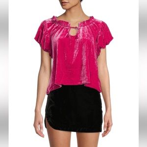 Free People  Terese Velvet Ruffled Puffed Sleeve Top Women's XS Pink Ph…